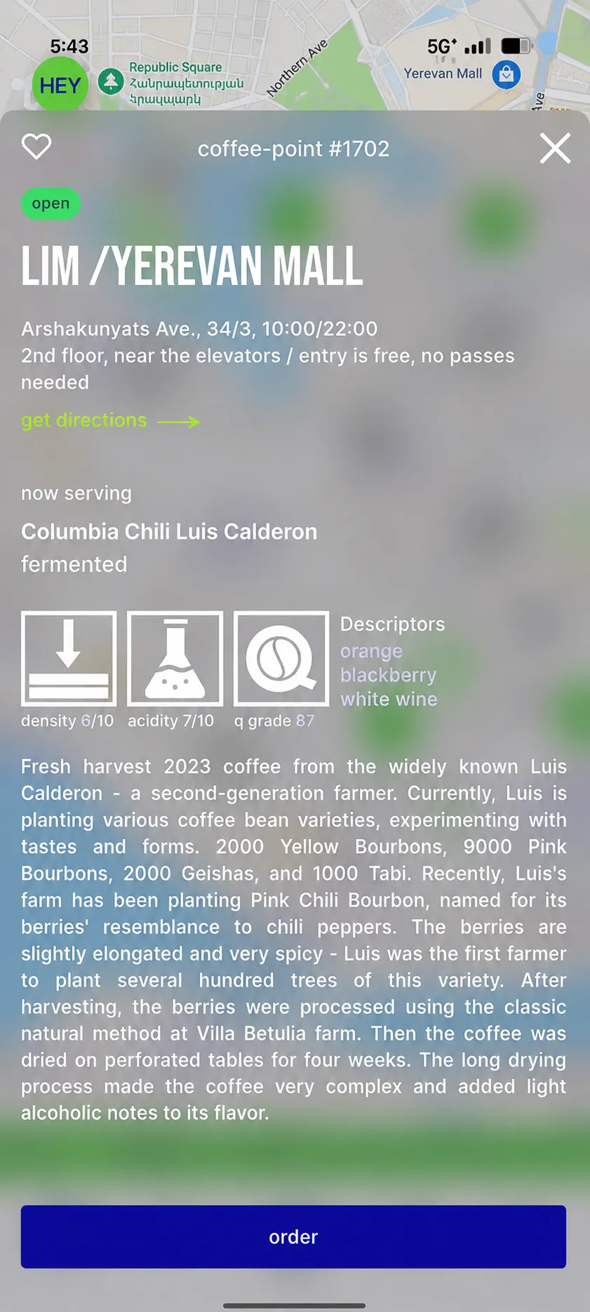 HEYLIM app showing nearby autonomous cafés