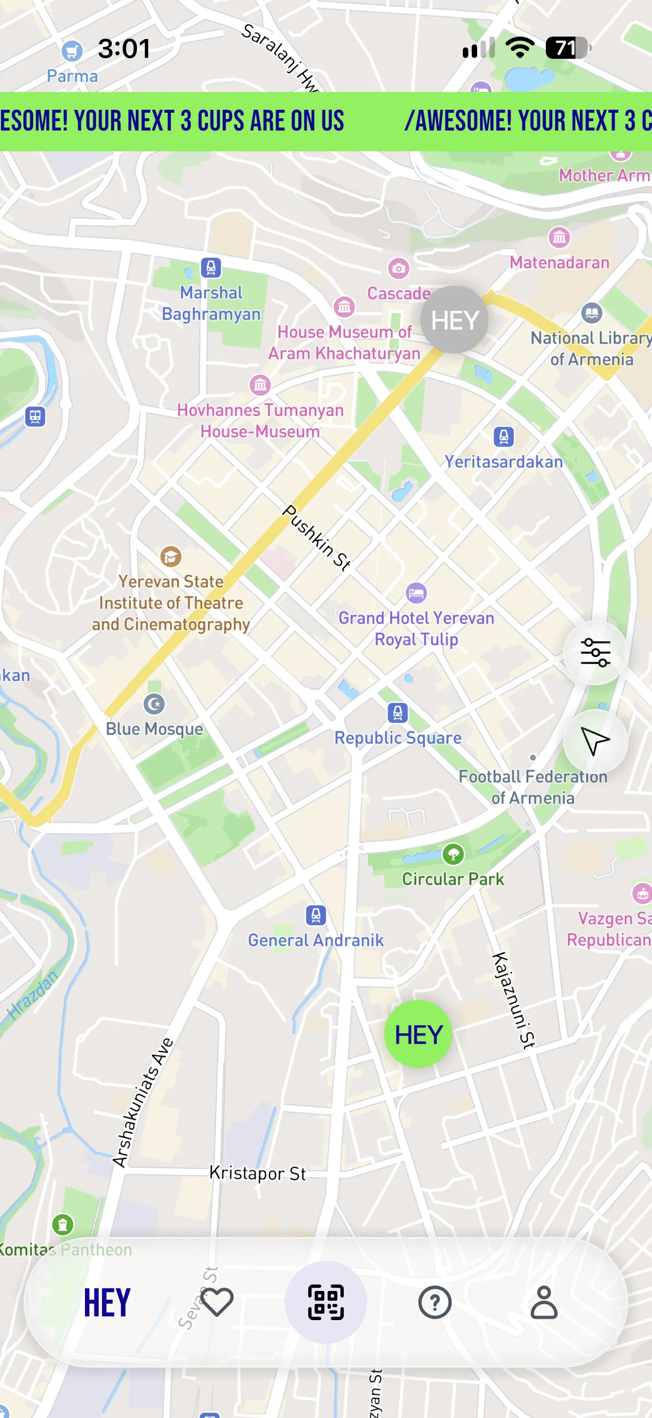 HEYLIM app showing nearby autonomous cafés