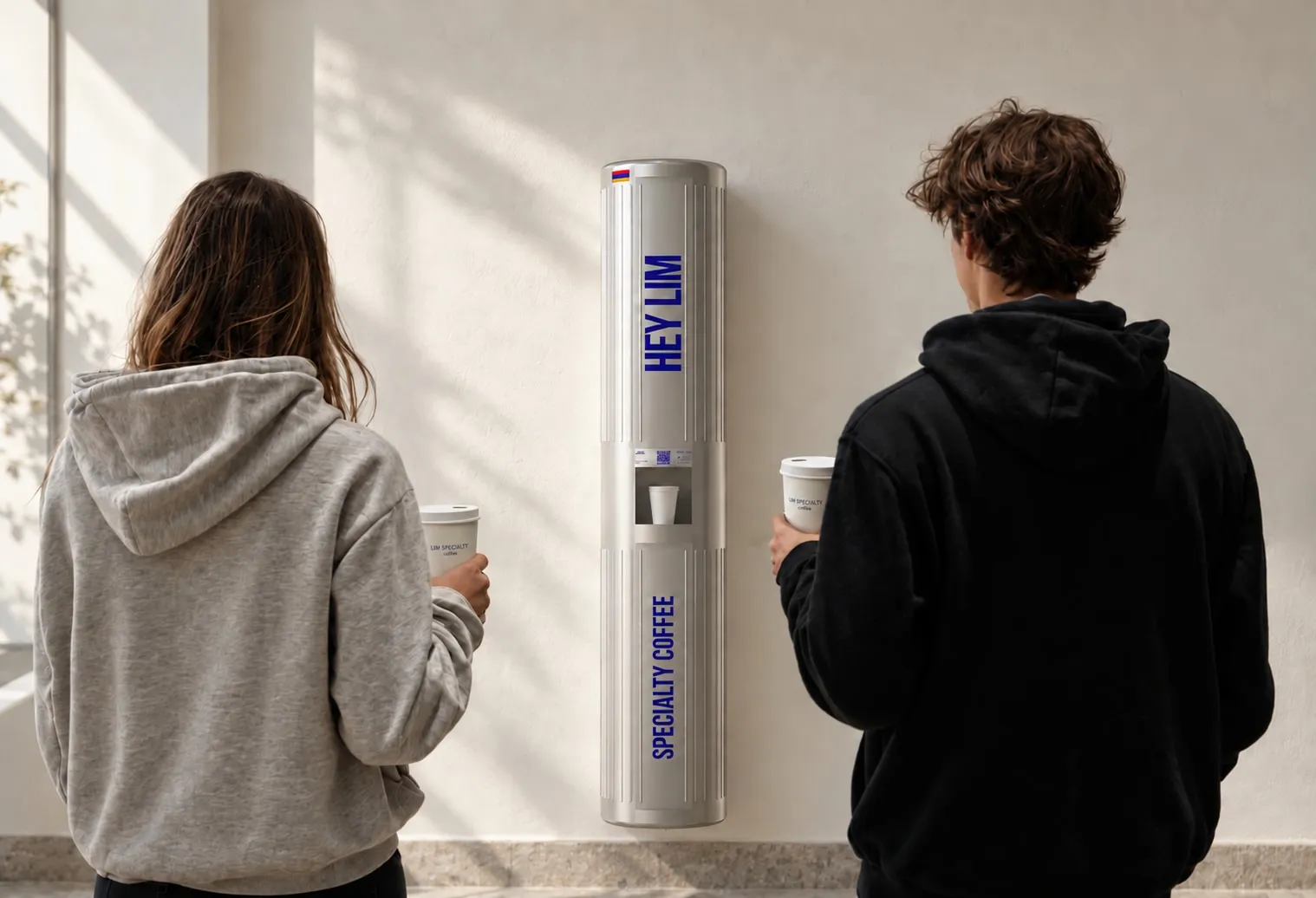 Two customers enjoying specialty coffee from a HEYLIM autonomous coffee machine in a modern gallery space