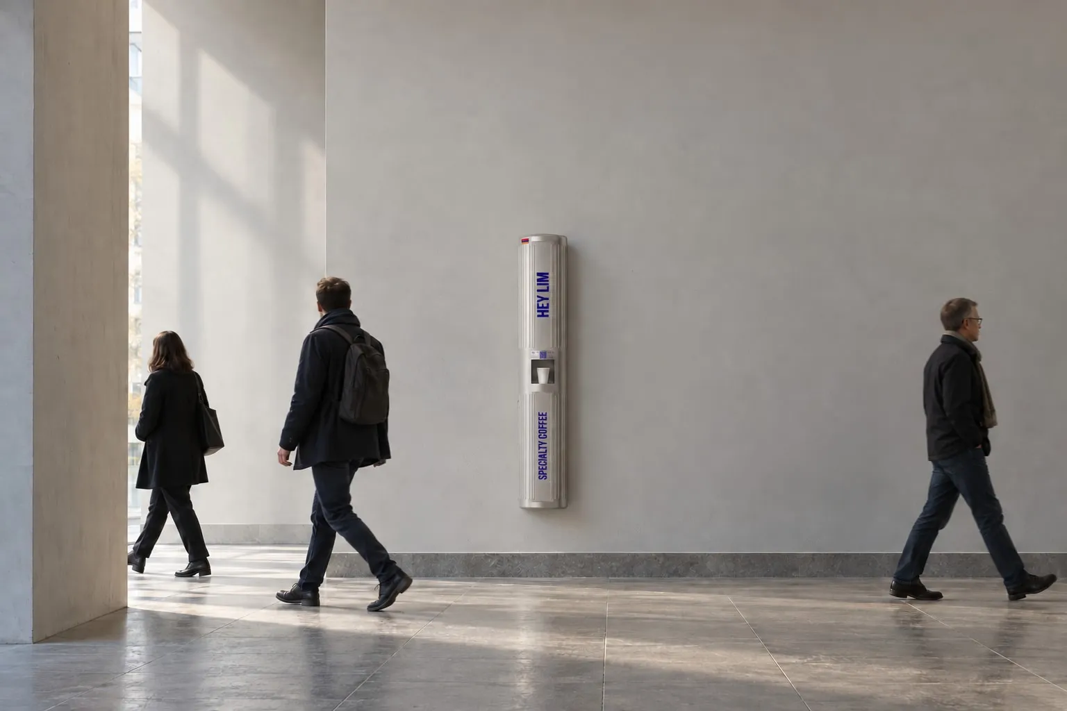 HEYLIM specialty coffee pillar in a minimalist museum corridor with visitors walking past in daylight