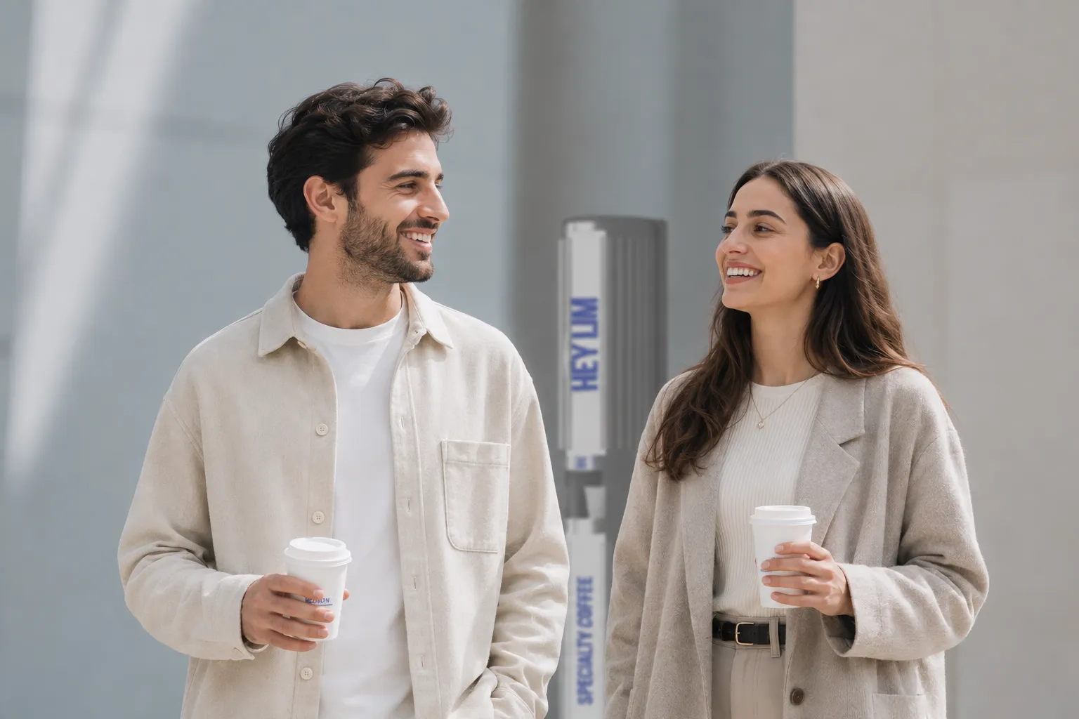 Emirati couple holding coffee cups from a HEYLIM autonomous café — traditional dress meets modern coffee culture